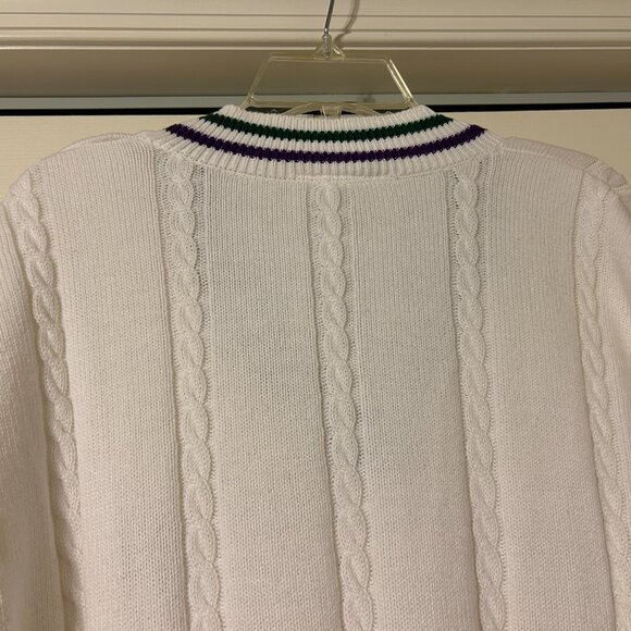 Mens WIMBLEDON Sz M White V-Neck Long Sleeve Cable Knit Tennis Sweater Top - Picture 8 of 8